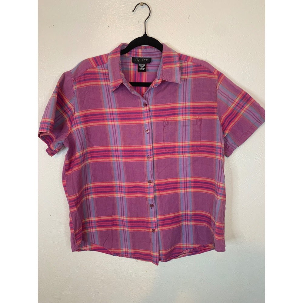Vintage Tip Top Plaid Button Down Shirt Women's 1X Cotton Purple Pink 90s Y2K